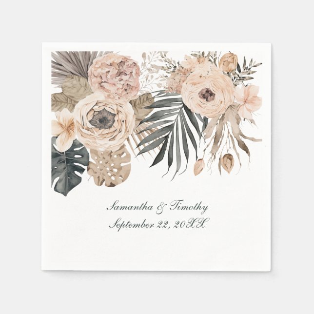 Guardanapo De Papel Casamento Floral Botânico Boho Rosa Bege Cinza (Frente)