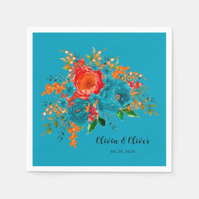 Guardanapo De Papel Casamento Floral Botânico Vermelho Teal Laranja (Frente)