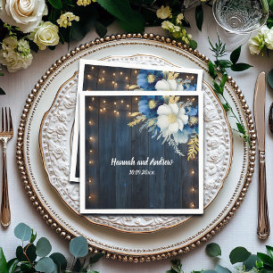 Guardanapo De Papel Casamento Floral Branco Da Madeira Azul Rústica