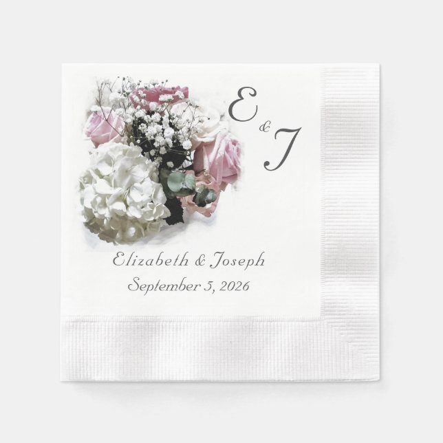 Guardanapo De Papel Casamento Floral Branco e Rosa Monograma (Frente)