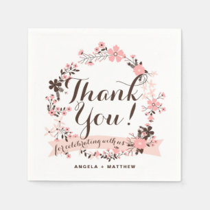 Guardanapo De Papel Casamento Floral Cor-de-rosa e castanho - Obrigado