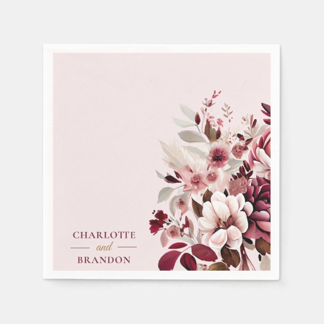 Guardanapo De Papel Casamento Floral de Blush Burgundy (Frente)