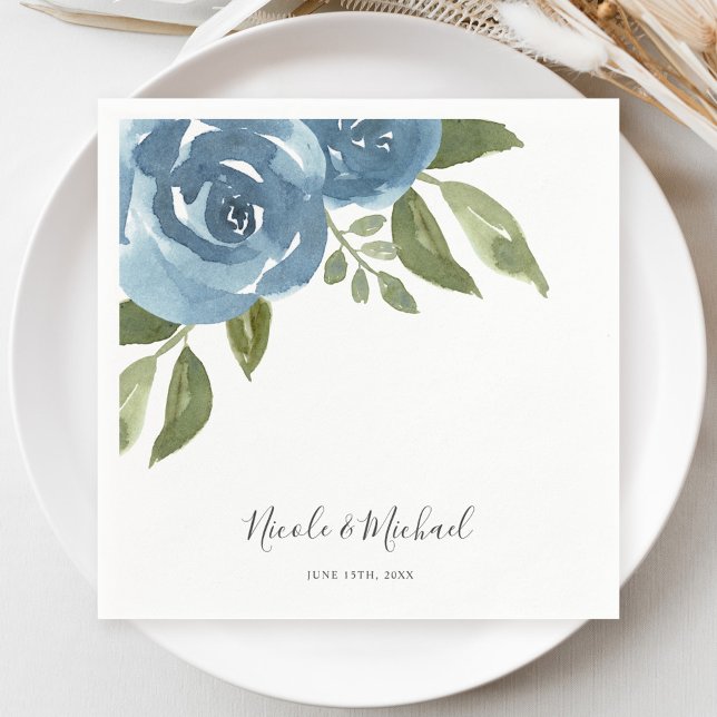 Guardanapo De Papel Casamento Floral de Cor Azul Elegante (Criador carregado)