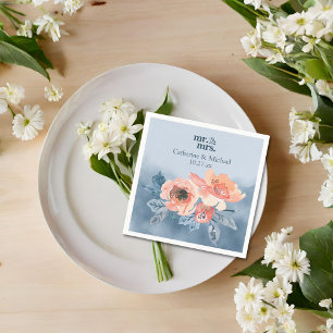 Guardanapo De Papel Casamento Floral de Cor de Água Rosa e Azul Dusty