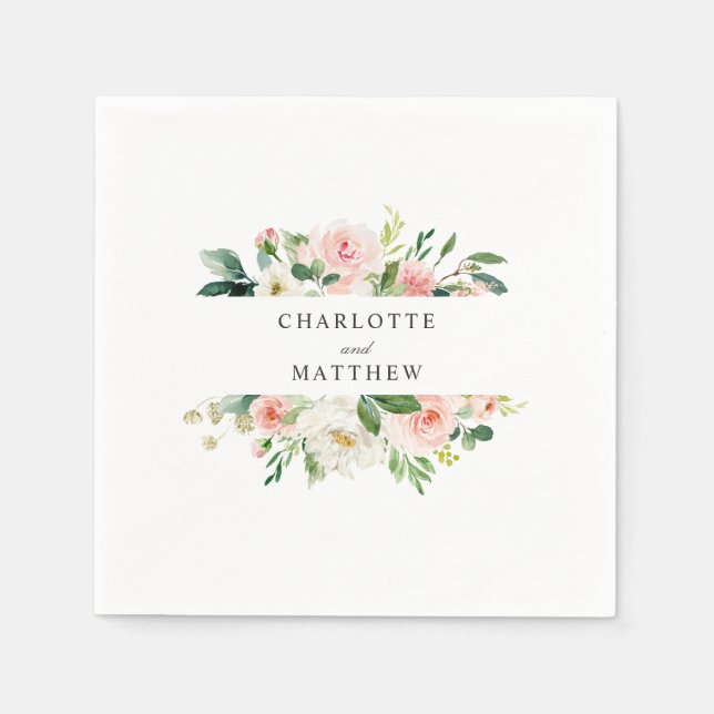 Guardanapo De Papel Casamento Floral de Cor de Água Rosa Esbranquiçada (Frente)