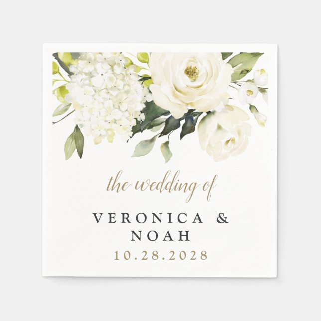 Guardanapo De Papel Casamento Floral de Hydrangea Elegant White Dourad (Frente)