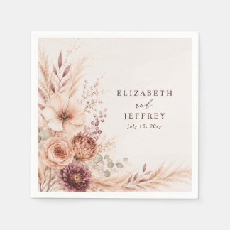 Guardanapo De Papel Casamento Floral de Outono Pampas Burgundy Rústico