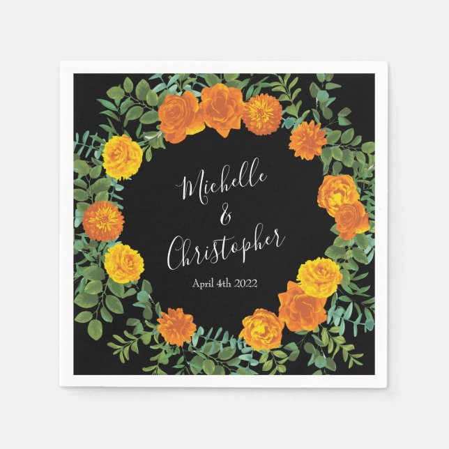 Guardanapo De Papel Casamento Floral de Peônia e Rosa Laranja Negra (Frente)