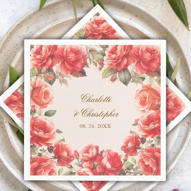 Guardanapo De Papel Casamento Floral de Rosas vermelhas de Aquarela Ro (Criador carregado)