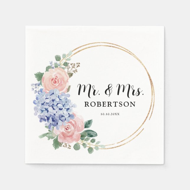 Guardanapo De Papel Casamento Floral do Pastel Azul Pink Hydrangeas (Frente)