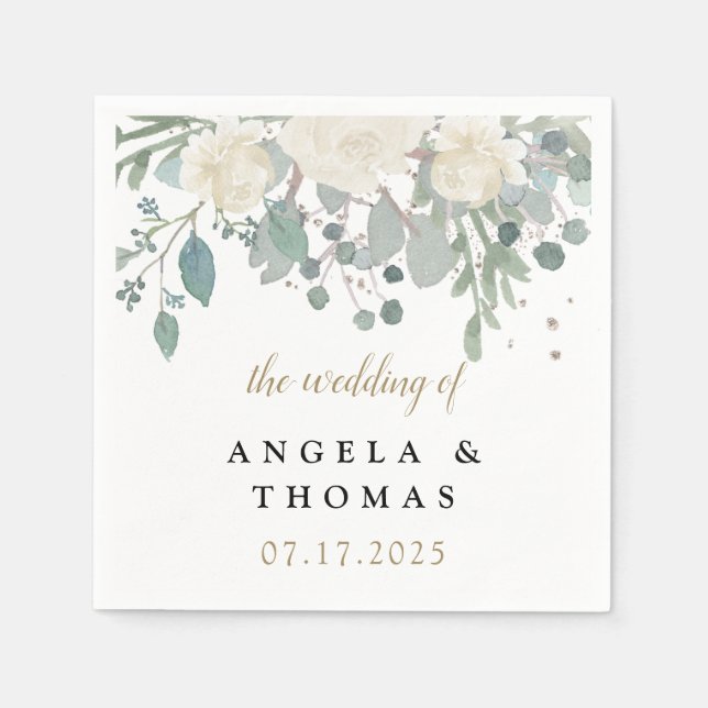 Guardanapo De Papel Casamento Floral Dourado Branco Rosas de inverno (Frente)
