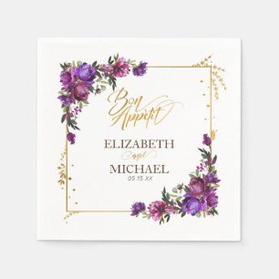 Guardanapo De Papel Casamento Floral Dourado Púrpura Cor de Água Rosa