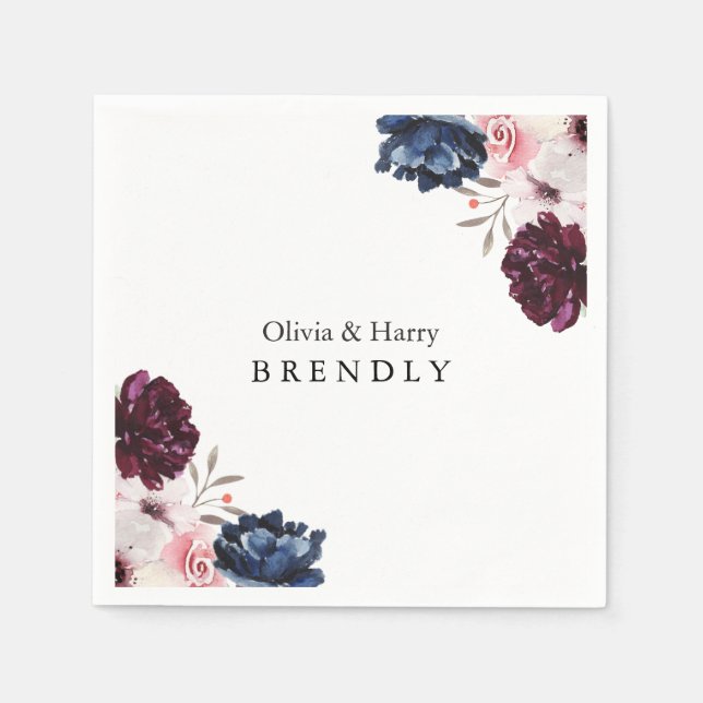 Guardanapo De Papel Casamento Floral Elegante Bege Borgonha (Frente)