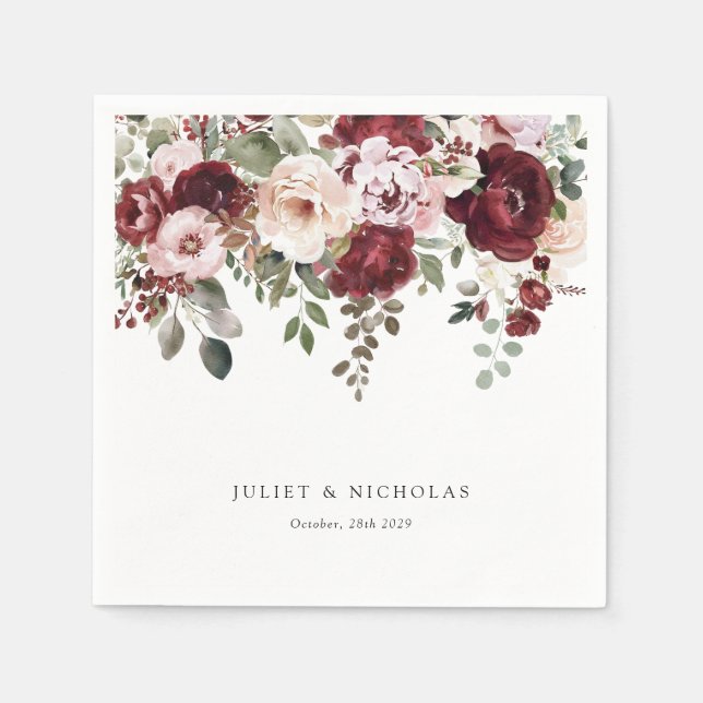 Guardanapo De Papel Casamento Floral Elegante Burgundy & Blush Waterco (Frente)