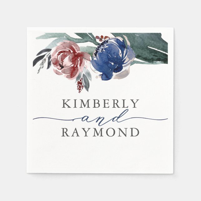 Guardanapo De Papel Casamento Floral Elegante de marinho Azul e Borgon (Frente)