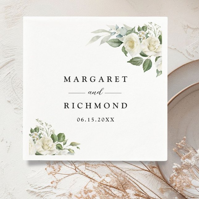 Guardanapo De Papel Casamento Floral Elegante de Rosas Brancas (Criador carregado)