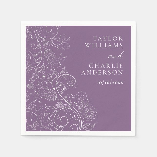 Guardanapo De Papel Casamento Floral Elegante Roxo Dusty (Frente)