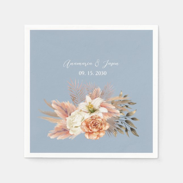 Guardanapo De Papel Casamento Floral em Azul Poento e Pêssego (Frente)
