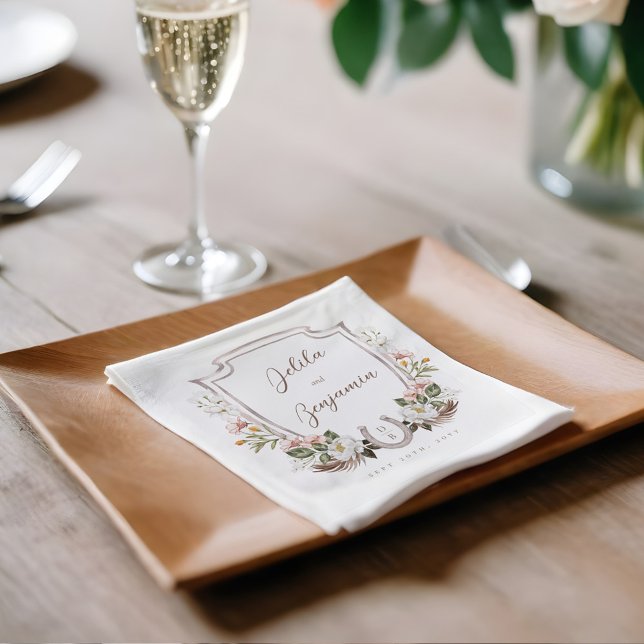 Guardanapo De Papel Casamento Floral em Ferradura Ocidental em Monogra (Floral Crest Western Horseshoe Monogram Wedding Napkins)