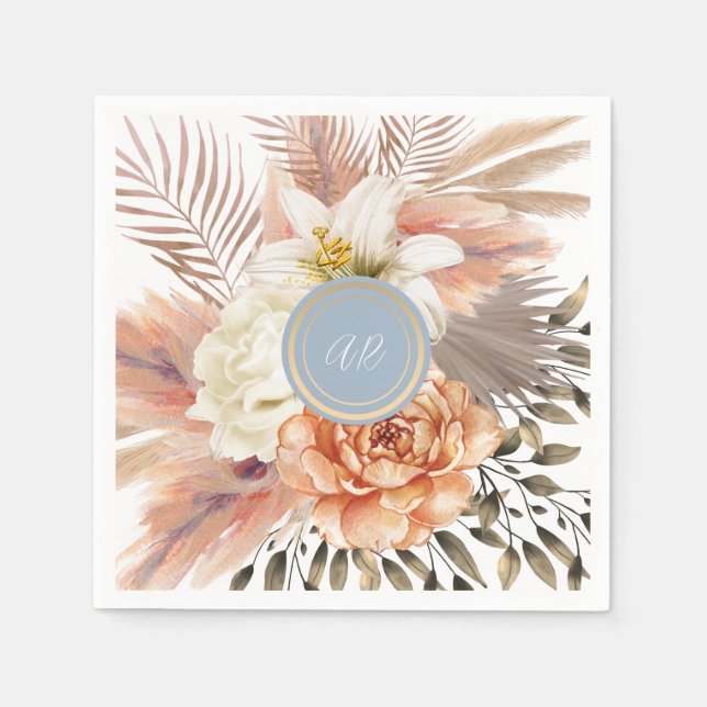 Guardanapo De Papel Casamento Floral em Pêssego Azul Empoeirado (Frente)