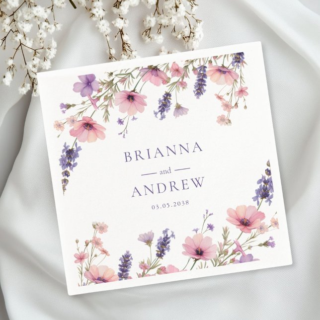 Guardanapo De Papel Casamento Floral específico do cliente (Personalized Customer specific Floral, Pink + Purple  Wedding Napkins with your name and date.)