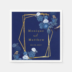 Guardanapo De Papel Casamento Floral Geométrico Azul e Azul-marinho