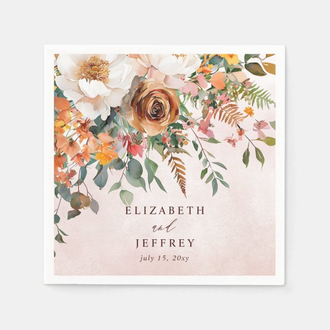 Guardanapo De Papel Casamento Floral Laranja Rústico de Outono (Frente)