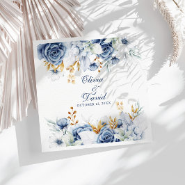 Guardanapo De Papel Casamento Floral Moderno Azul e Dourado