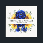 Guardanapo De Papel Casamento Floral Moderno de Girassol Russo Real<br><div class="desc">Os guardanapos de papel para casamentos elegantes e modernos do país rústico contêm girassol amarelo brilhante, peões azuis reais, hálito de bebê, armação floral de girófila/coroa com folhas de eucalipto. Por favor, encontre mais designs e variações na minha loja de "blisswedingpaperie". E fique à vontade para me contactar para mais...</div>