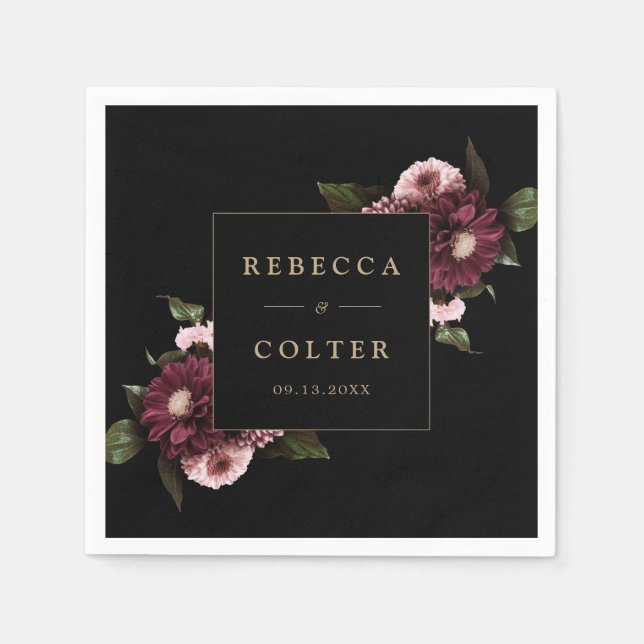 Guardanapo De Papel Casamento Floral Negro Elegante (Frente)