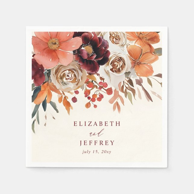 Guardanapo De Papel Casamento Floral Outonal de Laranja Borgonha (Frente)