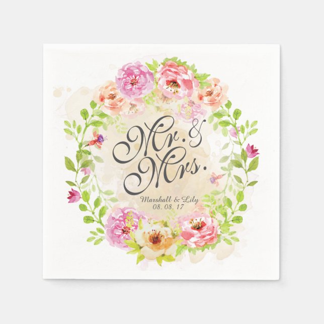 Guardanapo De Papel Casamento Floral Personalizado De Aquarela | Nápol (Frente)
