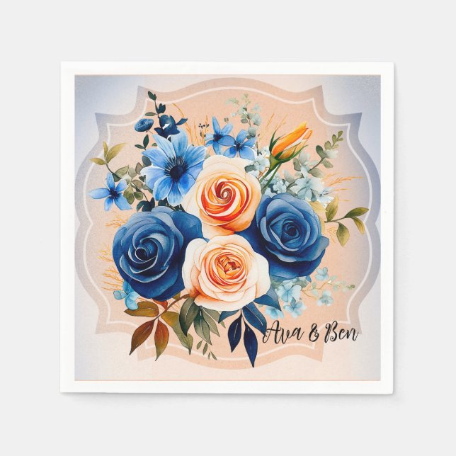 Guardanapo De Papel Casamento Floral Pintado com marinho Azul e Pêsseg (Frente)
