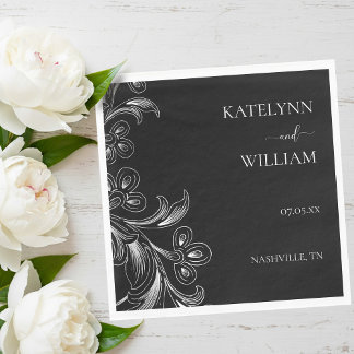 Guardanapo De Papel Casamento Floral Preto e Branco Elegante