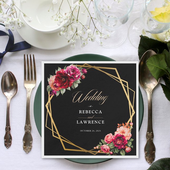 Guardanapo De Papel Casamento floral preto vermelho-chic (Criador carregado)