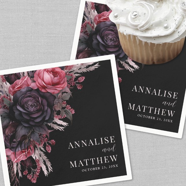 Guardanapo De Papel Casamento Floral Preto Vermelho Gótico (Gothic Red Black Floral Wedding Napkins)