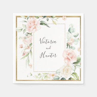 Guardanapo De Papel Casamento Floral Romântico com Dourado Cor de Água