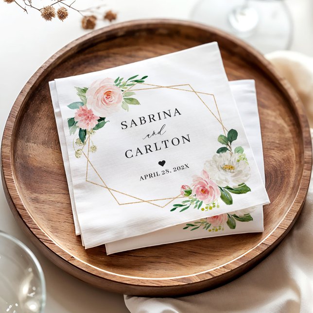 Guardanapo De Papel Casamento Floral Rosa Dourado Escamudo Geométrico (Criador carregado)