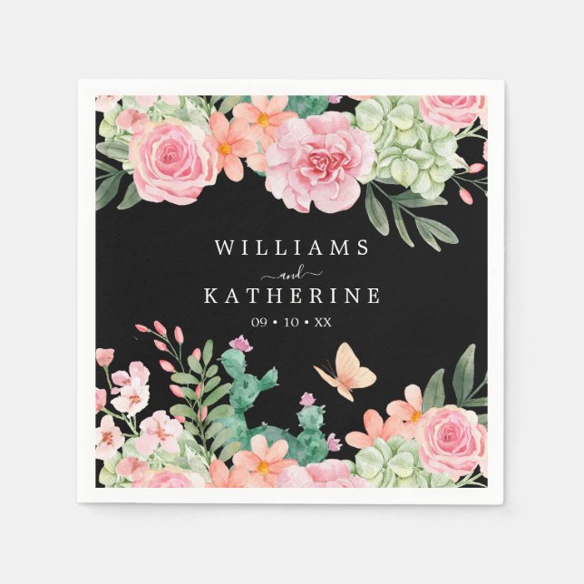 Guardanapo De Papel Casamento Floral Rosa e Pêssego em Preto Poeirento (Frente)