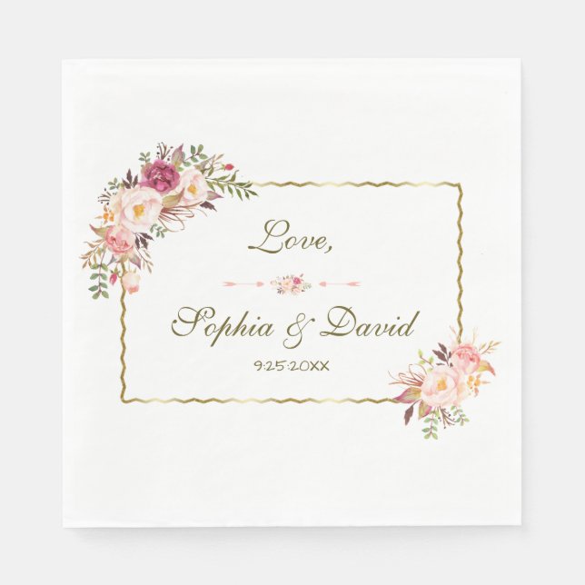 Guardanapo De Papel Casamento Floral Rosa-Rosa Dourado Glamoroso (Frente)