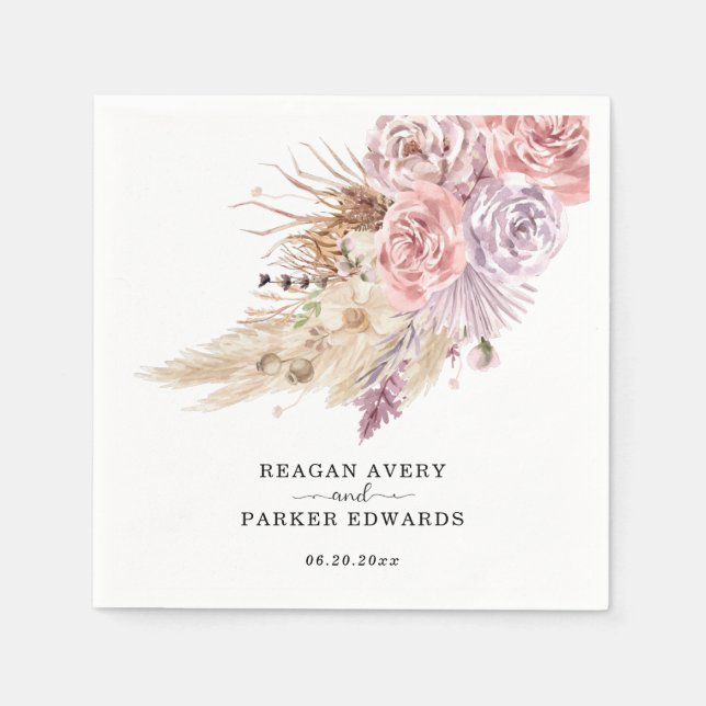 Guardanapo De Papel Casamento Floral Roxo Pampas Personalizadas (Frente)