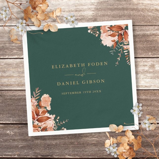 Guardanapo De Papel Casamento Floral Rústico Esmeralda Verde e Dourado (Rustic Floral Emerald Green And Gold Wedding Napkins)
