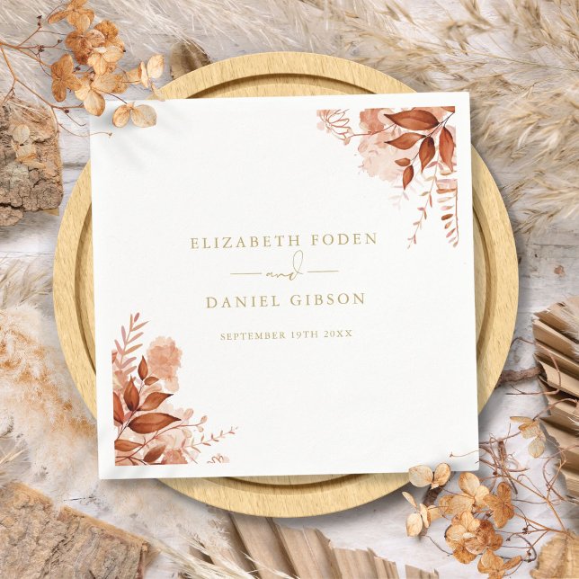 Guardanapo De Papel Casamento Floral Rústico Outono Dourado (Rustic Floral Autumn Fall Gold Wedding Napkins)