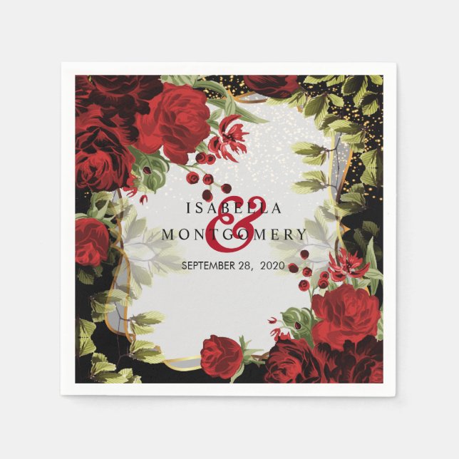 Guardanapo De Papel Casamento Floral Vermelho e Negro Elegante (Frente)
