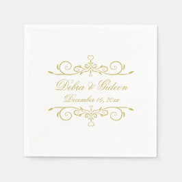 Guardanapo De Papel Casamento Floreado de Coração Dourada e Branco Ele