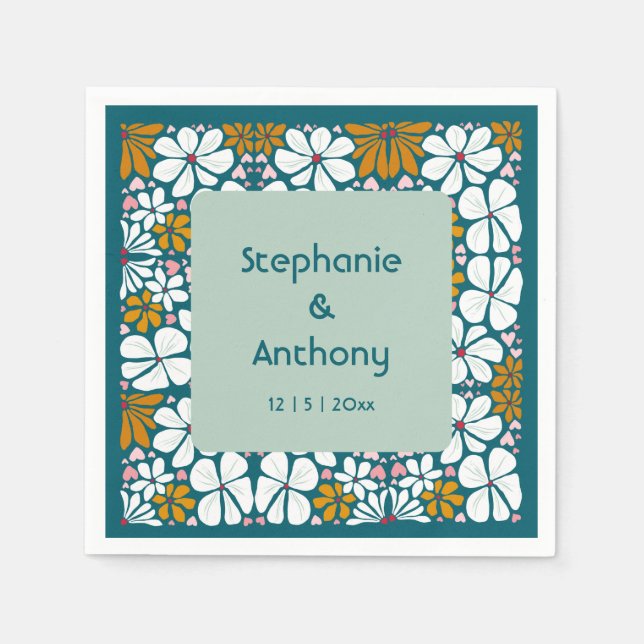 Guardanapo De Papel Casamento Flores Retro Groovy 70s Boho (Frente)