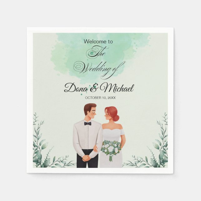 Guardanapo De Papel Casamento fluído com aquarela verde personalizada (Frente)