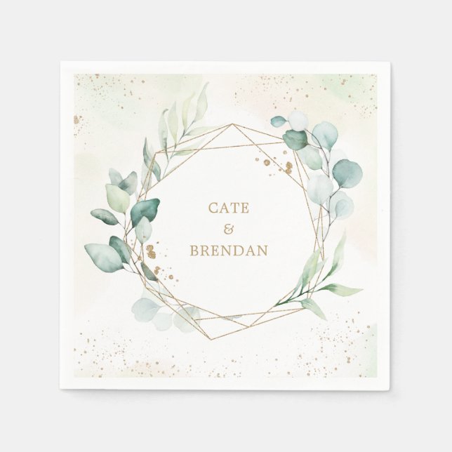 Guardanapo De Papel Casamento Geométrico Dourado com Verde Folhagem de (Frente)