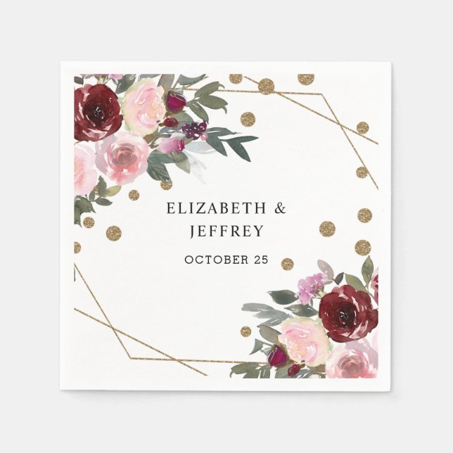 Guardanapo De Papel Casamento Geométrico Dourado da Floral Burgundy (Frente)