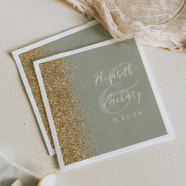 Guardanapo De Papel Casamento Glitter Verde Sage Moderno Dourado